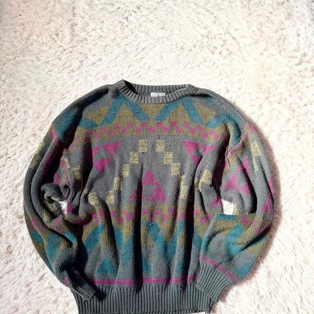Vintage 90s Oversized Abstract Geometric Cosby Fisherman Crewneck Sweater Mens L